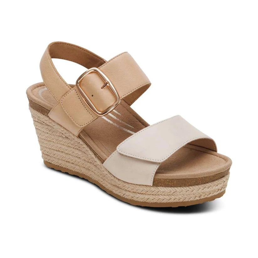 Aetrex Ashley Off White Leather Platform Wedge Sandal