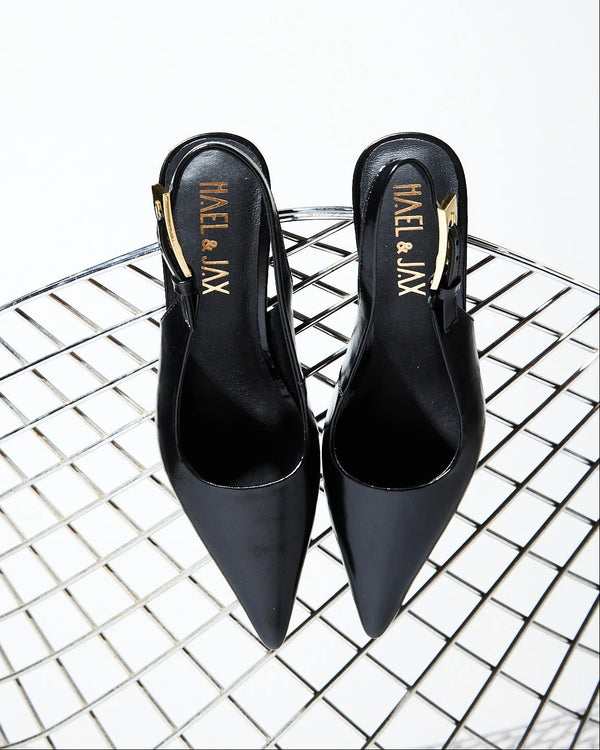 Hael & Jax Gracious Black Leather Slingback Court Shoe