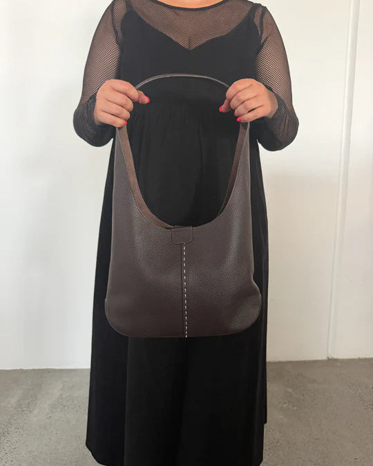 Minx Hip Stitched Cafe Milled Leather Bucket Bag