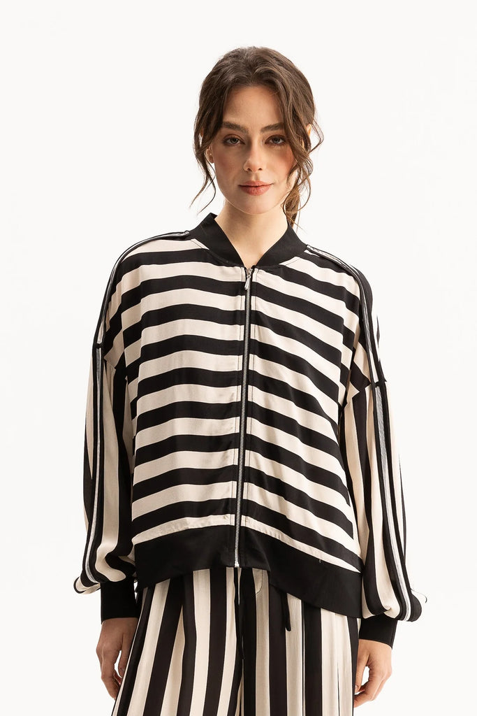 Blacklist Cora Bomber Jacket Black & Beige Stripe
