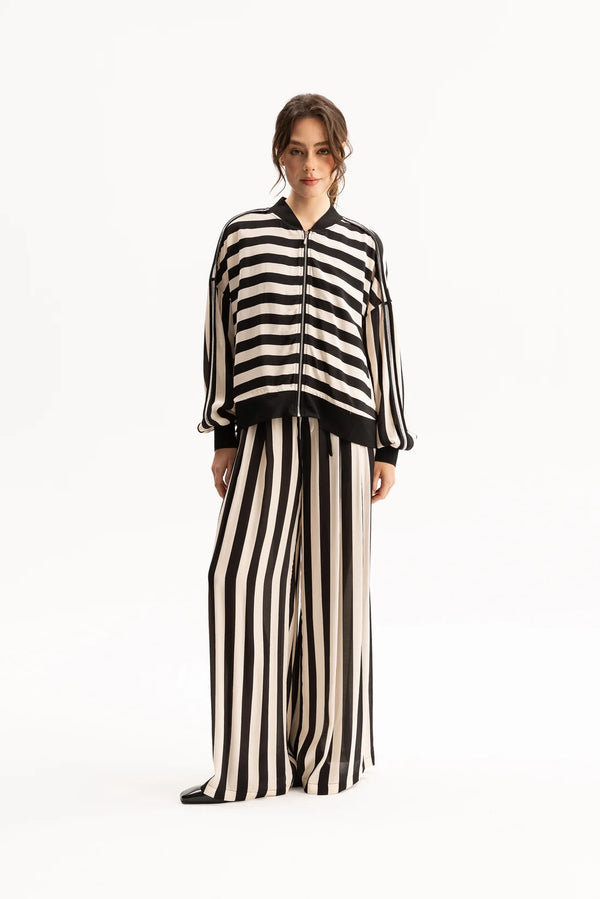 Blacklist Cora Bomber Jacket Black & Beige Stripe
