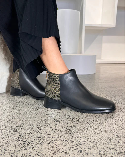 Minx Pippity Pop Black Nappa Gold Emboss Ankle Boot