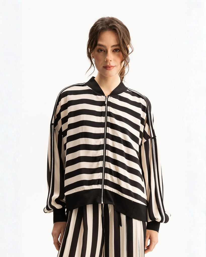 Blacklist Cora Bomber Jacket Black & Beige Stripe