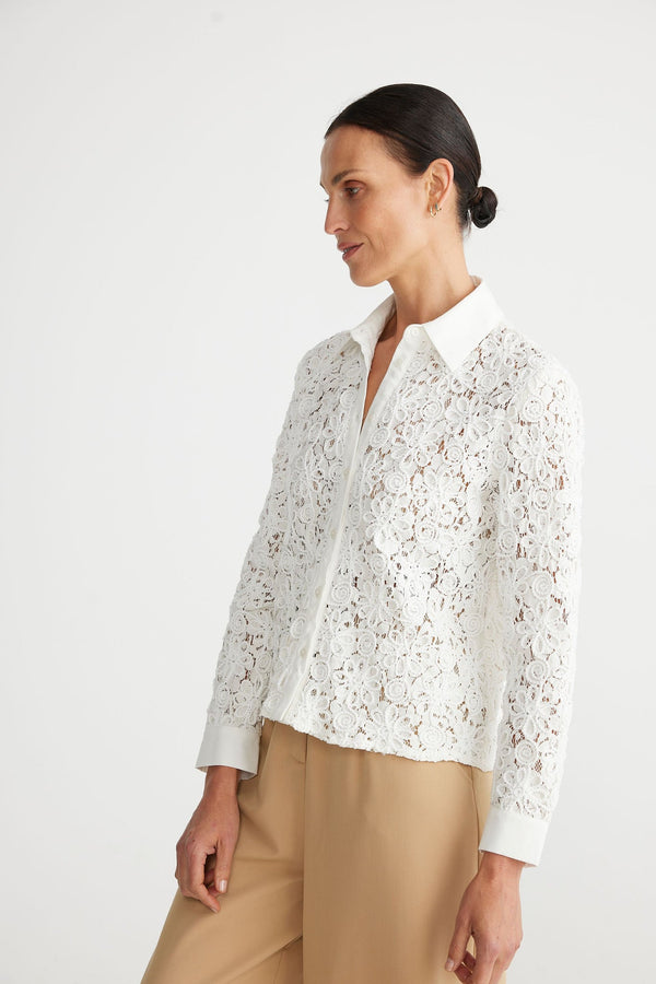 Brave & True Versaille Shirt White Raised Embroidery