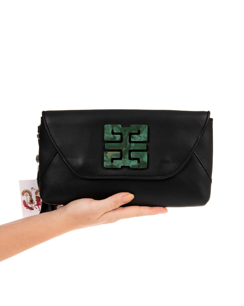 Desti Saint Imperial Grace Black Leather With Jade Envelope Bag