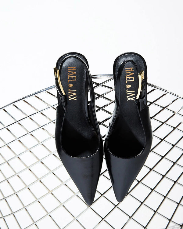 Hael & Jax Gracious Black Leather Slingback Court Shoe