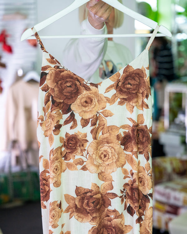 Haris Cotton 6940 Printed Dress Brown Roses