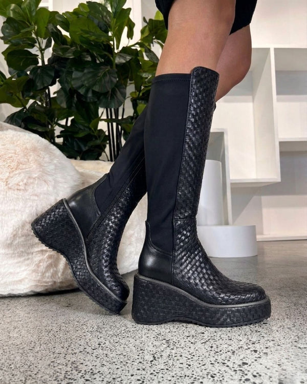 Minx Akira Weave Black Leather Platform Long Boot