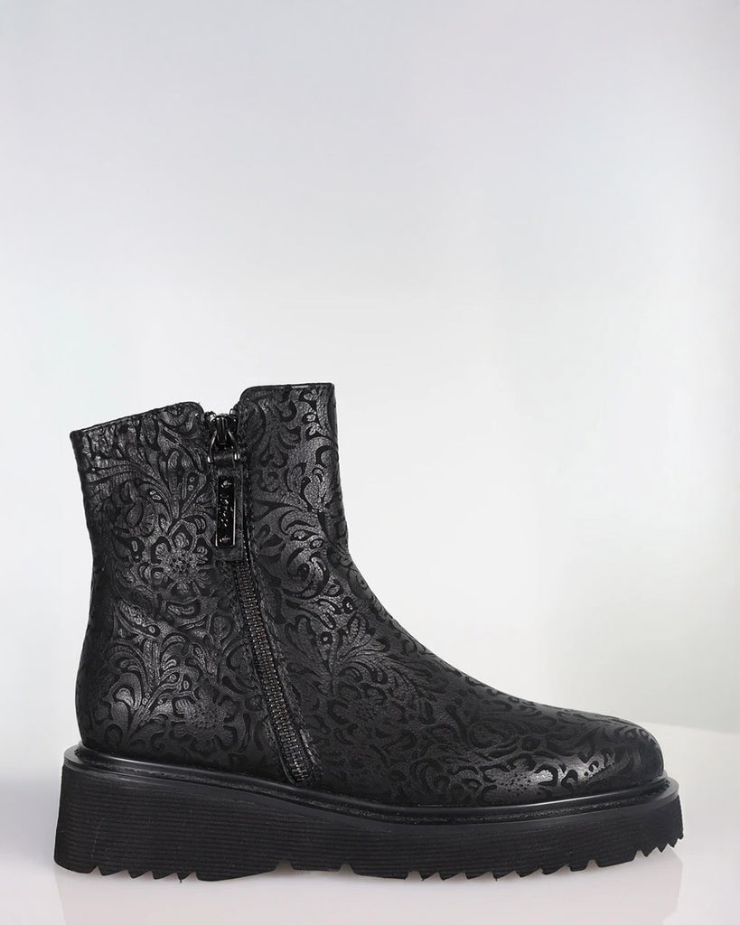 Minx Emerson Black Floral Emboss Leather Ankle Boots
