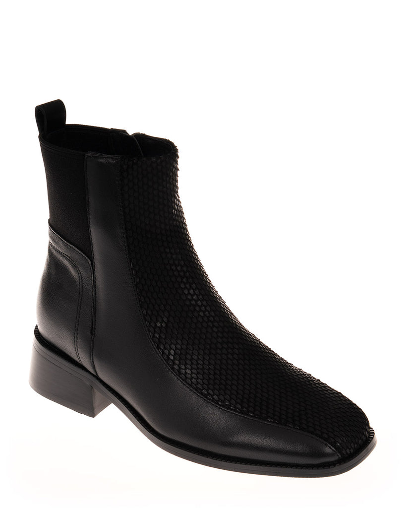 Minx Strider Black Emboss Leather Ankle Boot