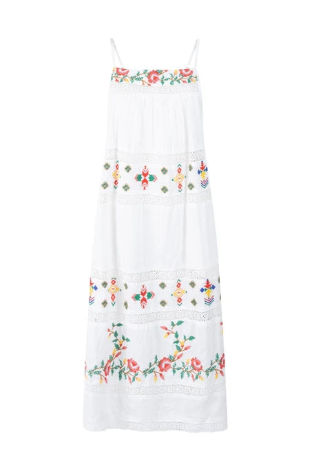 Place du Soleil White Flower Embroidered Dress