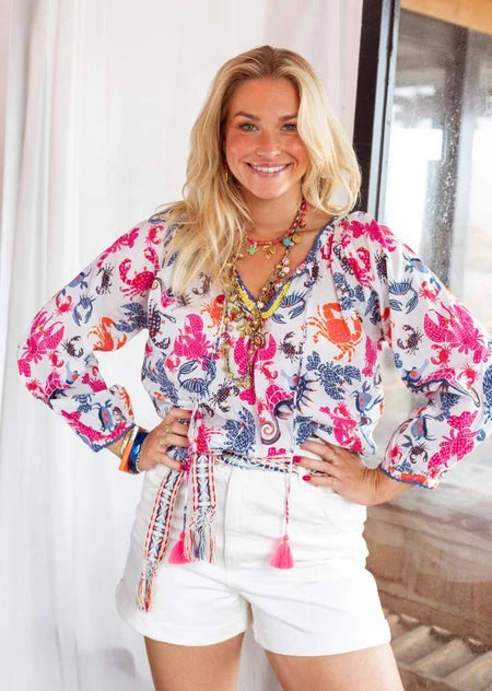 Place du Soleil White Multicolor Cotton Crab Blouse