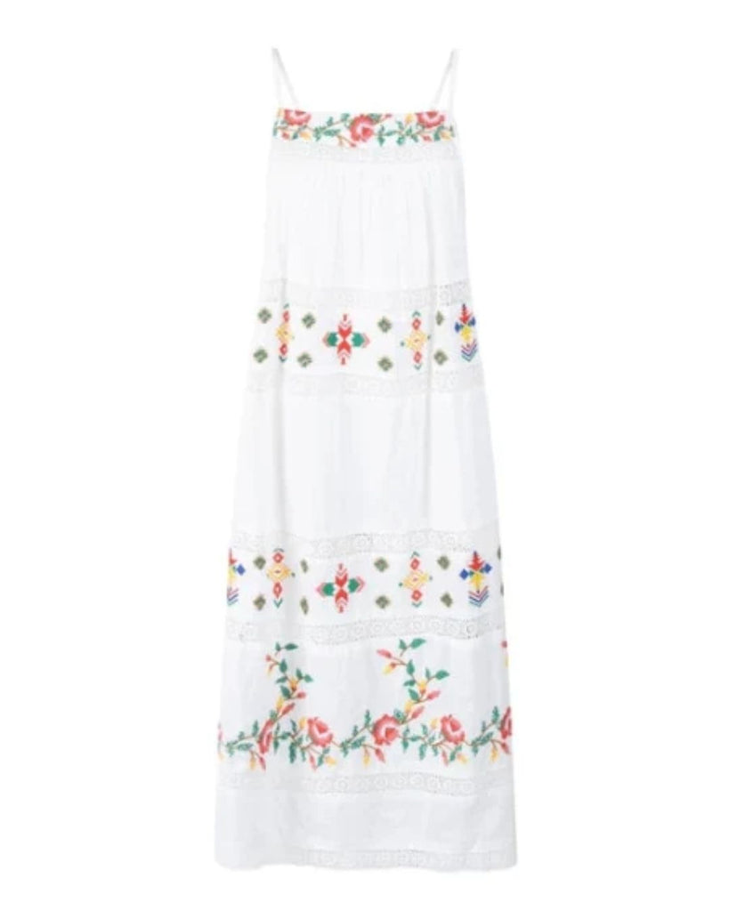 Place du Soleil White Flower Embroidered Dress