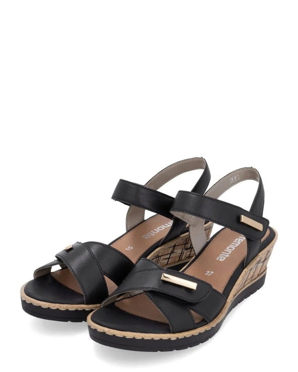 Remonte R6266/01 Wilford Black Leather Wedge Sandal